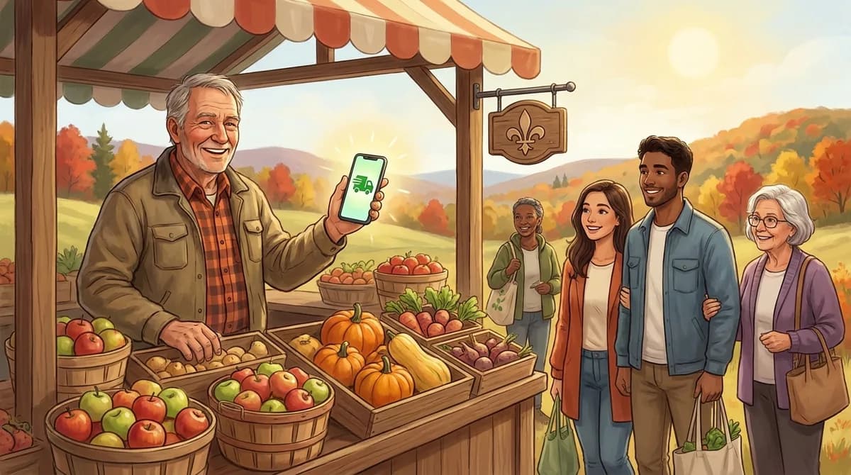 Le même producteur, souriant, avec des clients qui font la file devant son kiosque